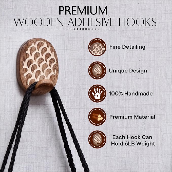 Indian Shelf 6 Lb- 3 Pieces Decorative Wood Adhesive Wall Hooks–Boho Peel and - Image 4