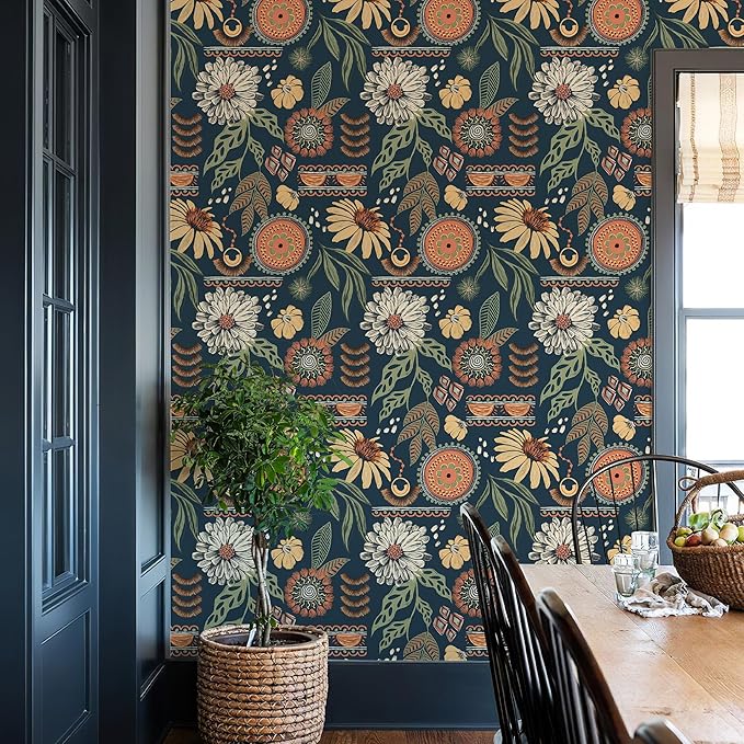 Simon&Siff Boho Peel and Stick Wallpaper, 17.3" x 1200" Blue Sun Floral Retro - Image 3