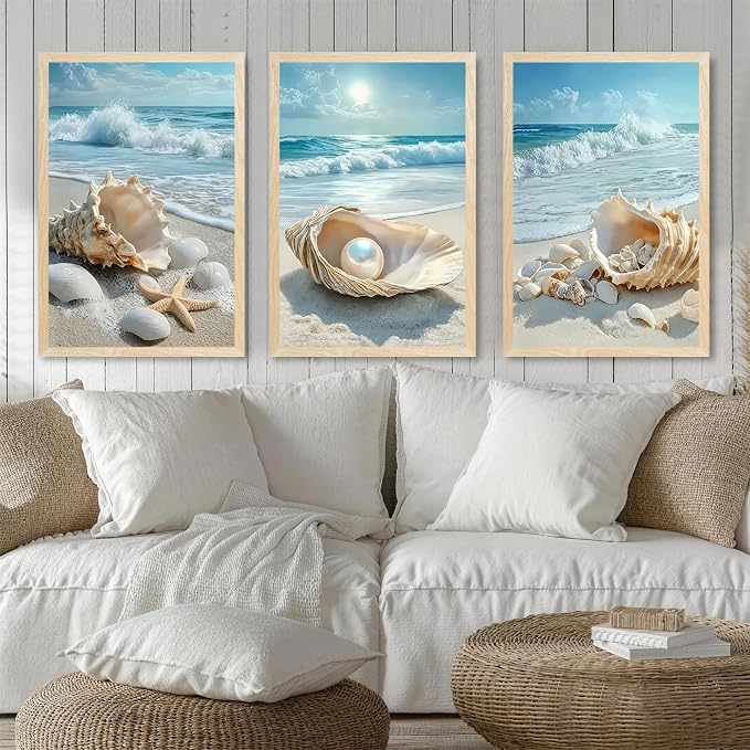 SYWENNOI 3 Piece Wood Framed Beach Wall Art, Sandy Shore, Pearl in Shell - Image 2