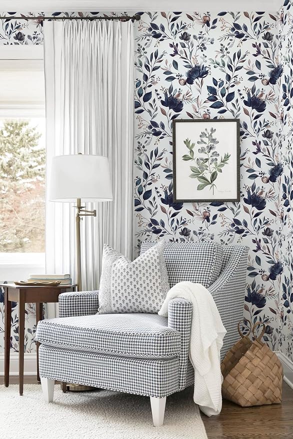 Yasinet Navy Blue Peel and Stick Wallpaper Blue Floral Wallpaper Vintage - Image 2