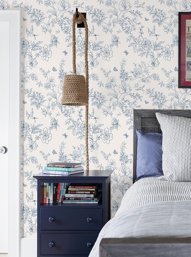 Froluya Cream White and Blue Floral Wallpaper Peel and Stick Wallpaper - Image 5