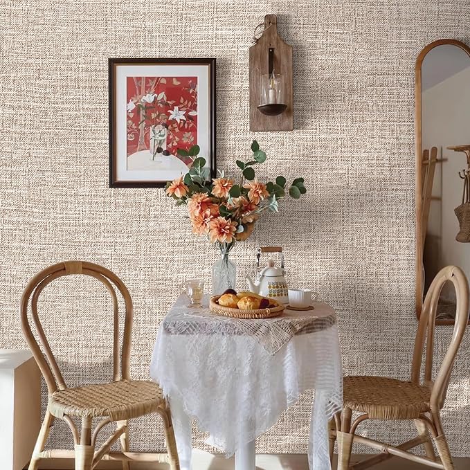Amiya Grasscloth Khaki Wallpaper Peel and Stick Tan Faux Fabric Linen Contact - Image 7