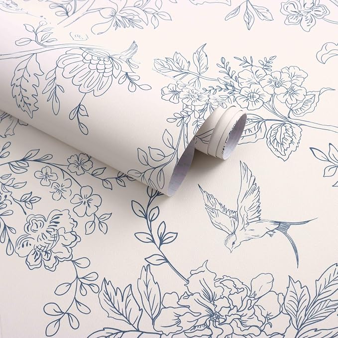 Froluya Cream White and Blue Floral Wallpaper Peel and Stick Wallpaper by Froluya