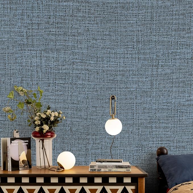 Blue Gray Grasscloth Peel and Stick Wallpaper 17.3"x480" Faux Linen Textured - Image 3