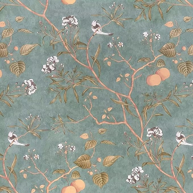 Laatse Green Floral Wallpaper Peel and Stick Bird Wallpaper 17.5" x 196.8" by Laatse