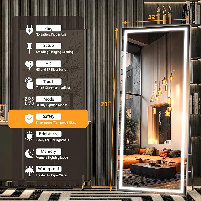 Hasipu Full Length Mirror with Lights, Full Body Dressing Hanging Mounted Mirror - Image 2
