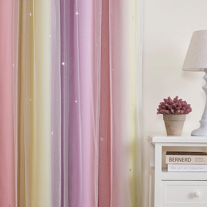 XiDi Curtains for Bedroom Decor, Rainbow Pink PurpleYellow52/45/1 - Image 2