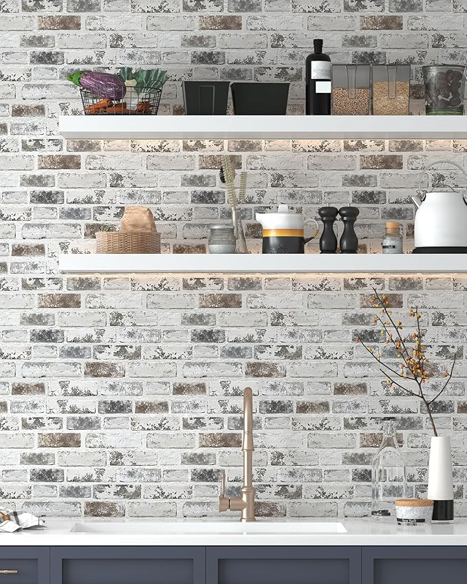 Brick Wallpaper Peel and Stick Wallpaper 17.3"x78.8" Grey and White 3D Brick - Image 6