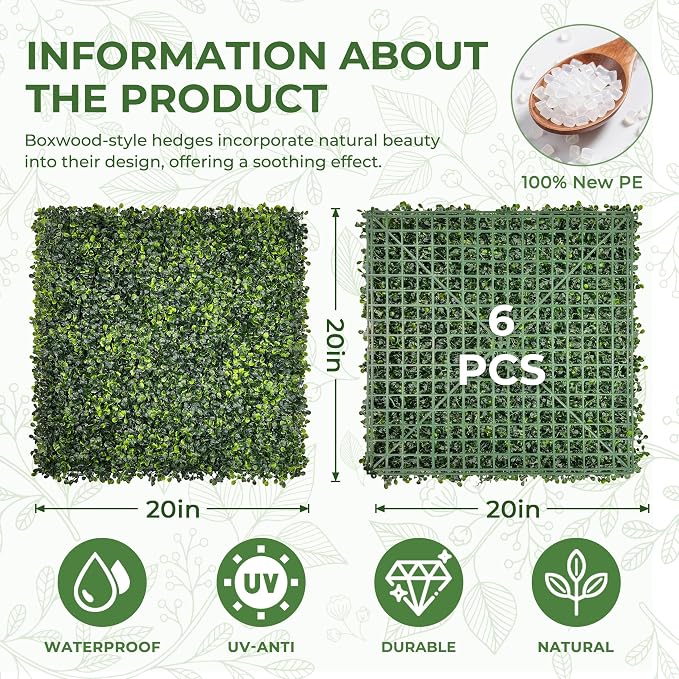 Artificial Grass Wall Panel Screen: 20"x20" 6P UV-Anti Faux Boxwood Panels - Image 2