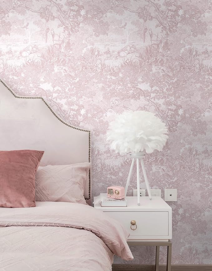 Heroad Peel and Stick Wallpaper Pink and White Vintage Forest Animals Floral - Image 6