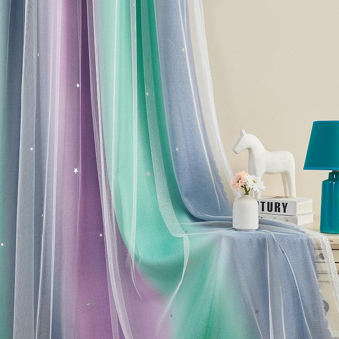 XiDi Curtains for Bedroom Decor, Rainbow Purplgreen grey34/54 - Image 3