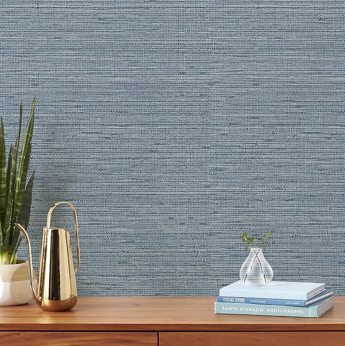 Simon&Siff Grey Blue Textured Grasscloth Peel and Stick Wallpaper 17.7"x394" - Image 7
