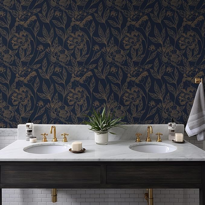 Timeet Peel and Stick Wallpaper Gold and Blue Floral Wall Paper - Image 5