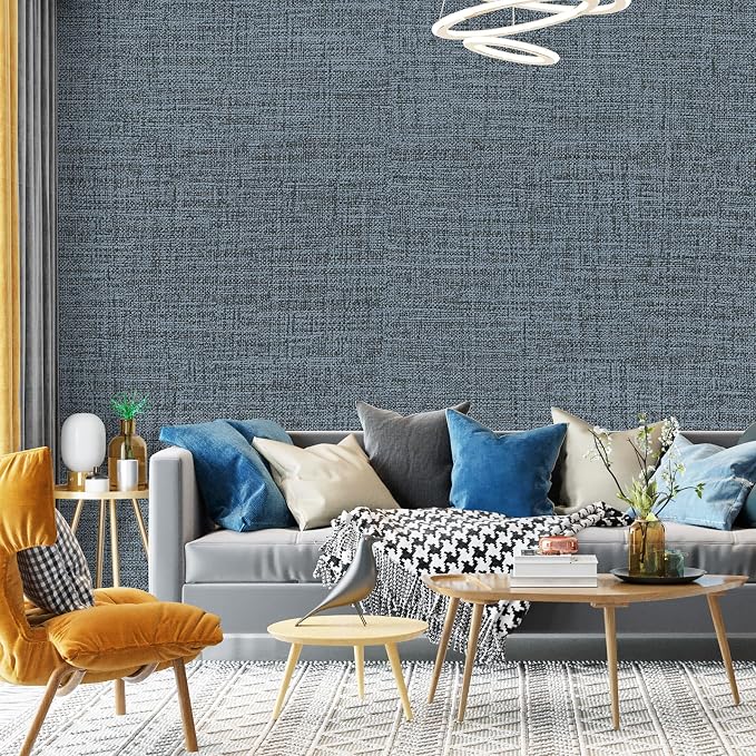 Blue Gray Grasscloth Peel and Stick Wallpaper 17.3"x480" Faux Linen Textured - Image 8