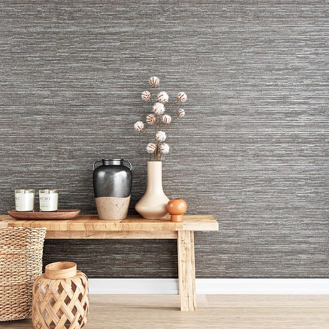 VEELIKE Lustre Brown Grasscloth Wallpaper Textured Woven Wallpaper Peel and - Image 2