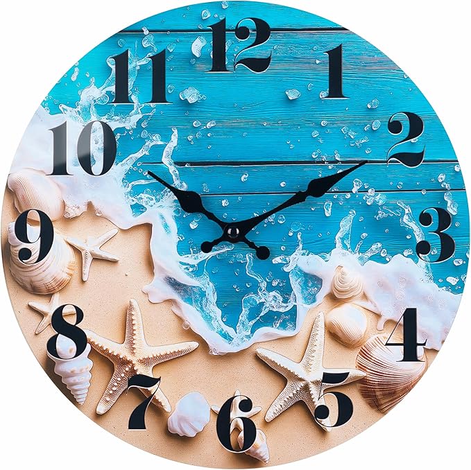 Large Indoor/Outdoor Clocks Waterproof, Glass Coastal Beach Decor Wall Clock by HorizentWallClock