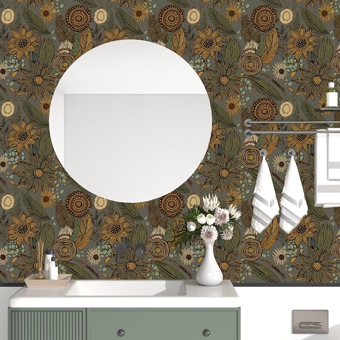 Grey Boho Wallpaper Peel and Stick, Vintage Green Yellow Floral Contact Paper - Image 4