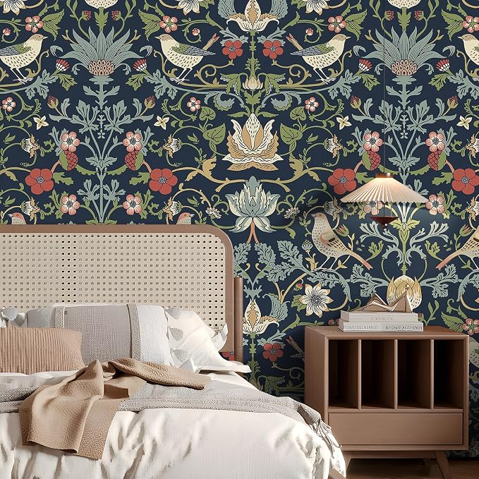 FunStick Navy Blue Floral Wallpaper Peel and Stick Vintage William Morris Green - Image 2