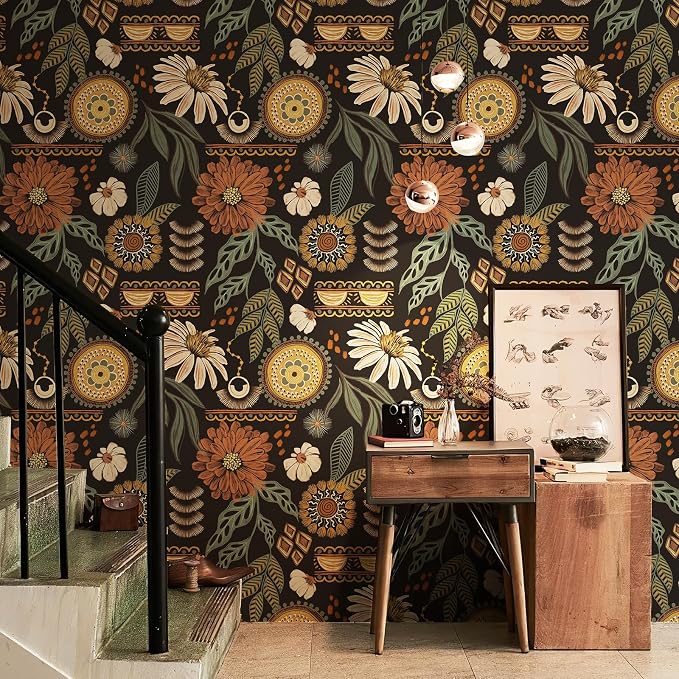 JiffDiff Boho Peel and Stick Wallpaper 17.3" x 120" Vintage Sun Floral Retro - Image 2