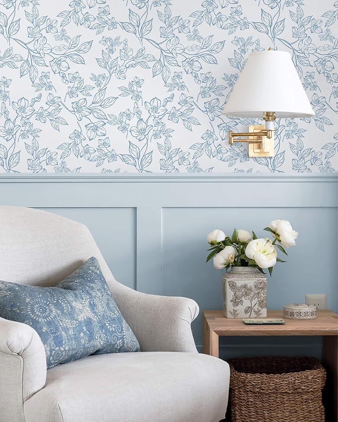 Ismoon Peel and Stick Wallpaper Blue and White Contact Paper Modern Flroal Wall - Image 5