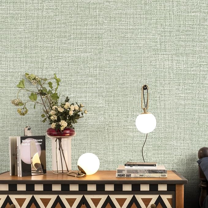 Green Grasscloth Wallpaper 17.3"x160" Faux Linen Textured Contact Paper - Image 3