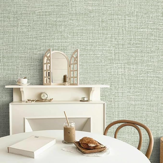 Green Grasscloth Wallpaper 17.3"x160" Faux Linen Textured Contact Paper - Image 5