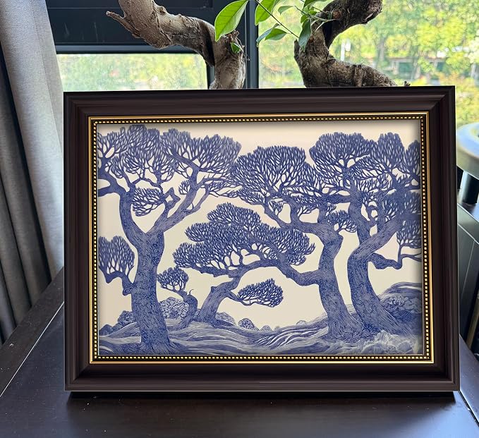 Vintage Gold Framed Wall Art Oak Tree Forest Painting Canvas Prints Blue - Image 8