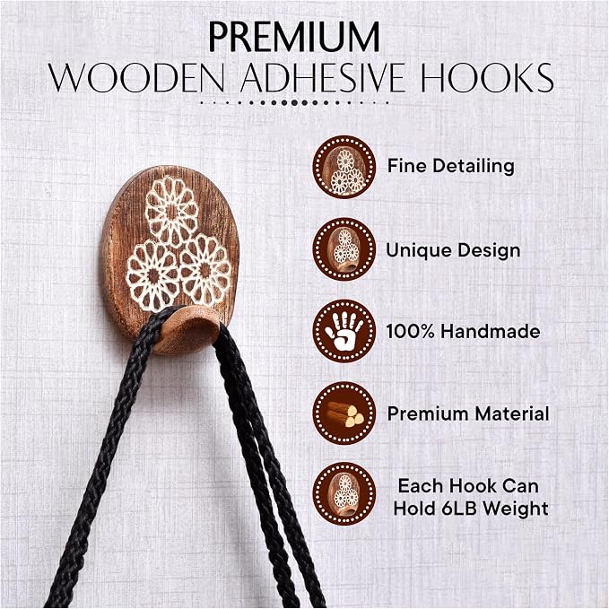 Indian Shelf 6 Lb- 3 Pieces Decorative Wood Adhesive Wall Hooks–Boho Peel and - Image 4