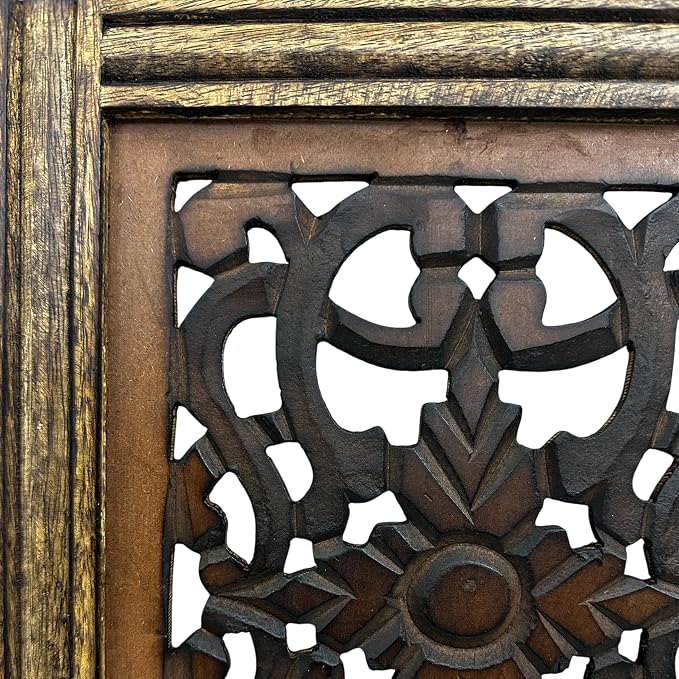 Floral Hand Carved Wooden Wall Panels Set of 2, Rustic Brown Decorative Wall Art - Image 8