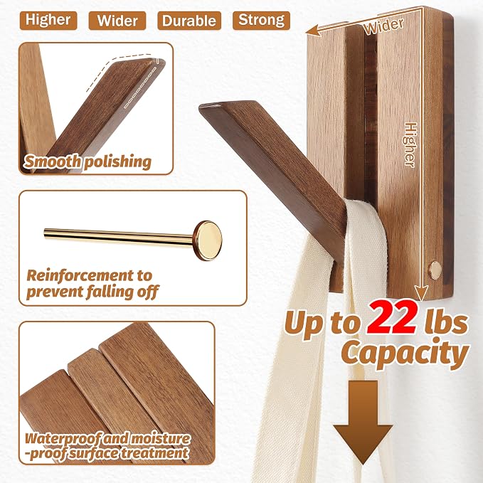 Foldable Wall Hooks 2Pack: Rustic Wooden Coat Hooks Mounted - Image 4