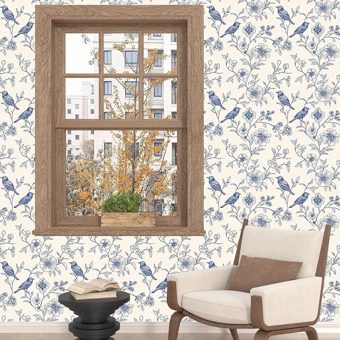 Beige Wallpaper Peel and Stick Blue Floral Bird Vintage Contact Paper 17.5" x - Image 6