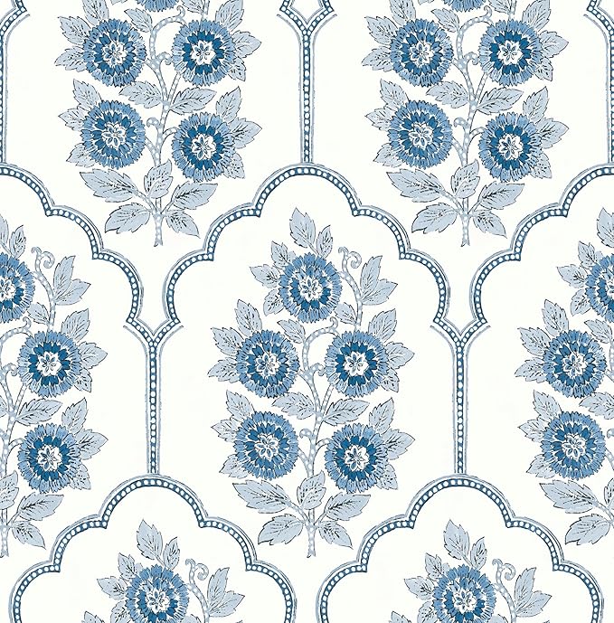 NuWallpaper x Society Social Floral Bazaar Delft Blue Peel and Stick Wallpaper by NuWallpaper