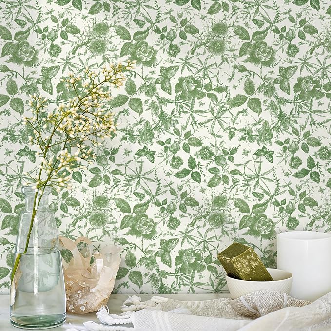 JiffDiff Floral Vintage Wallpaper Peel and Stick，Green Rose Wallpaper Removable by wallpaper