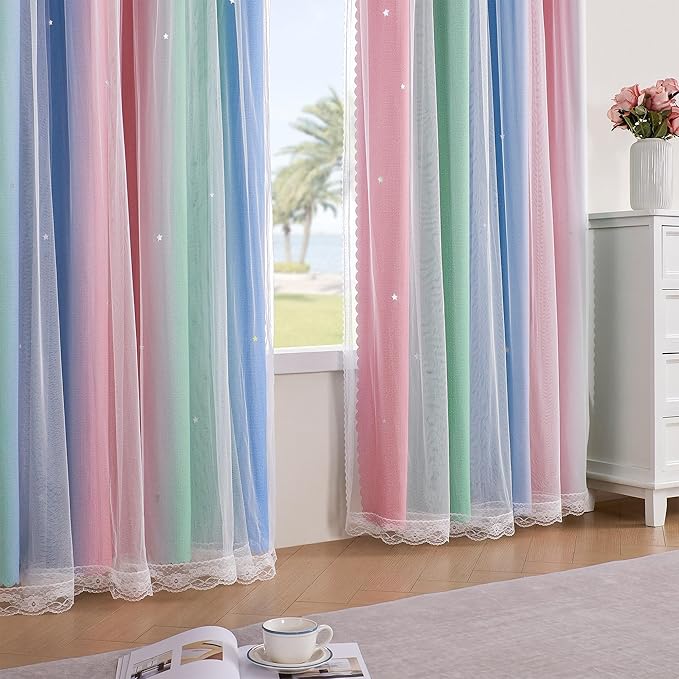 XiDi Pink & Rainbow Curtains for Kids & Girl Rooms - Image 3
