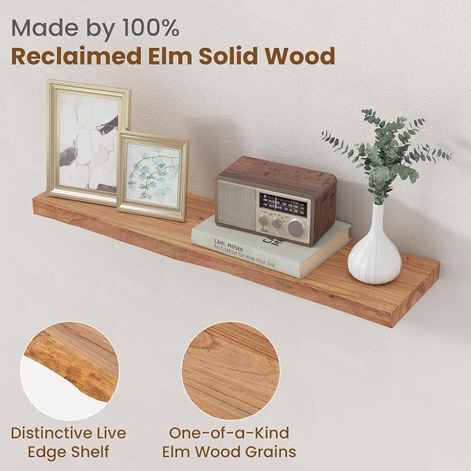 Floating Shelves for Wall Decor, Rustic Solid Elm Wood Live Edge Floating - Image 3