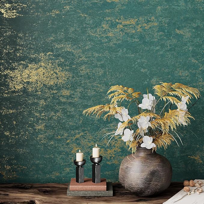 VEELIKE Vintage Teal Gold Peel and Stick Wallpaper Metallic Distressed Green by VEELIKE