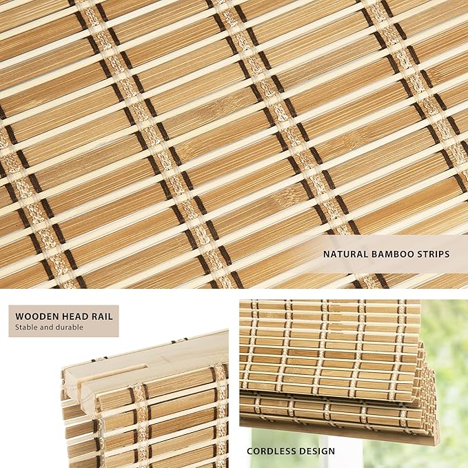 LazBlinds No Tools No Drill Cordless Bamboo Roman Shades, Custom Light - Image 2
