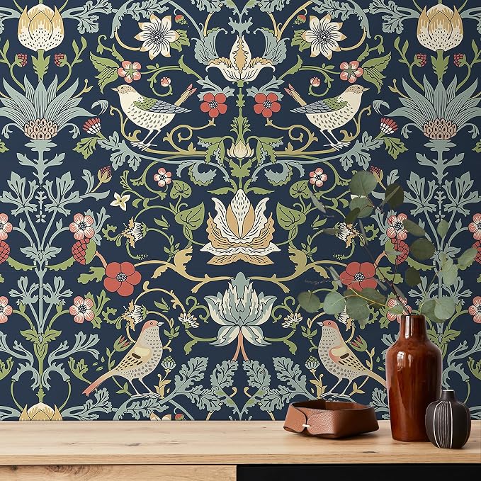 FunStick Navy Blue Floral Wallpaper Peel and Stick Vintage William Morris Green - Image 8
