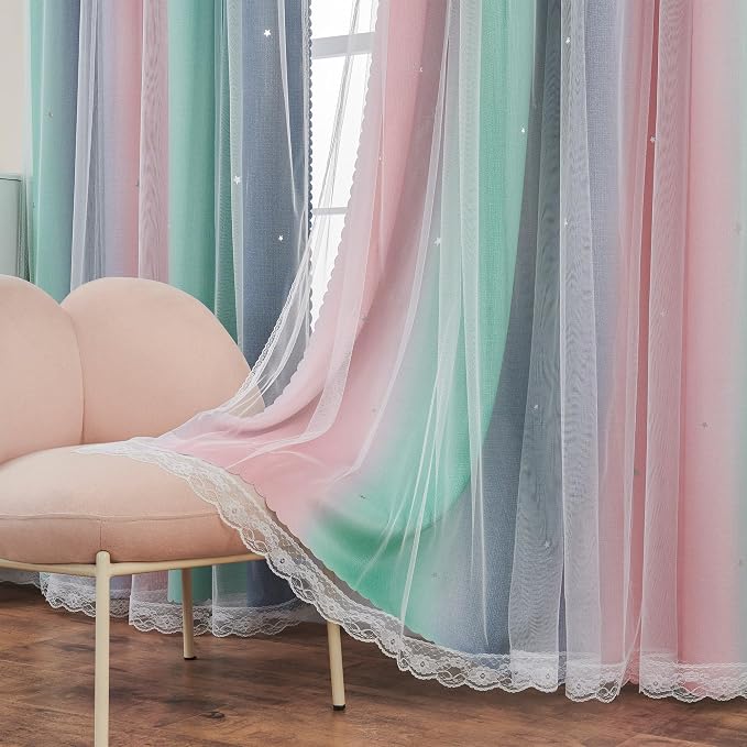 XiDi Curtains for Bedroom Decor, Rainbow Pinkgreen grey34/90 - Image 4