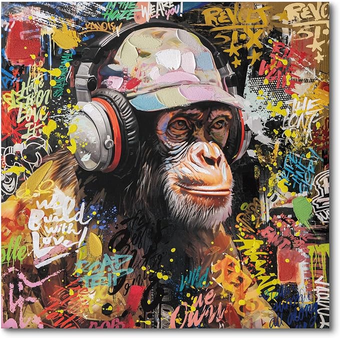 Modern Pop Art Monkey Canvas Wall Art, Street Graffiti Gorilla Canvas Painting by JolyWell