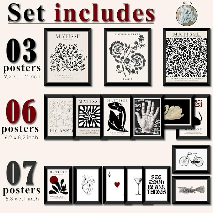 LANCHI95 16 PCS FRAMED Black and White Home Decor, Eclectic Wall Art, - Image 2