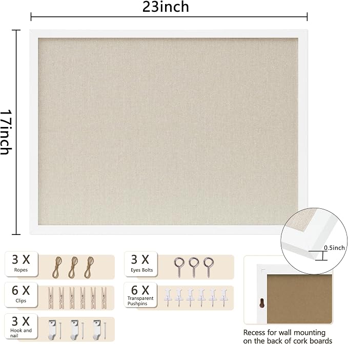 DAHAPYBOO Cork Board with Linen White, Bulletin Board 23"x17" Hanging Corkboards - Image 2