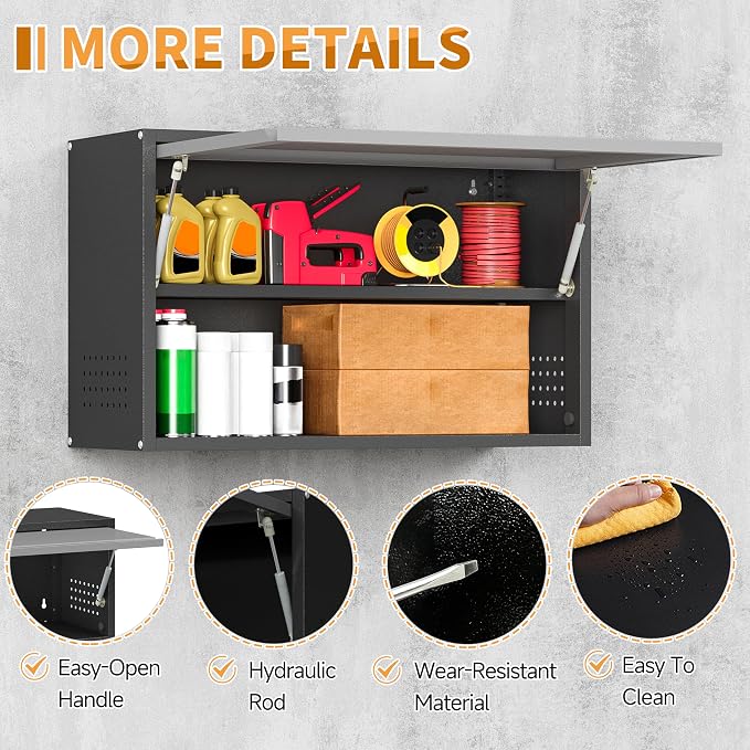 Metal Garage Wall Cabinet with Up-Flip Door, Float Tool Cabenit with Adjustable - Image 5