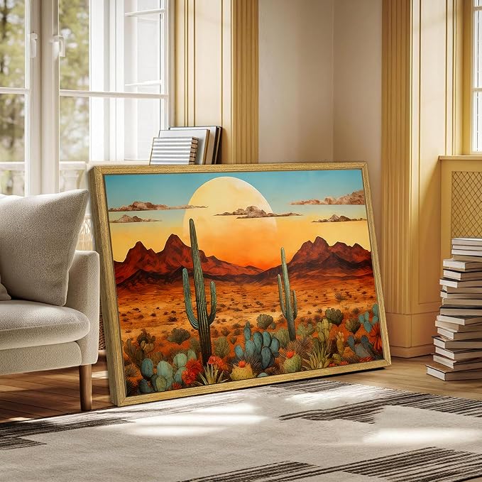 Framed Western Desert Sunset Cactus Wall Art, Vintage Southwest Nature - Image 6
