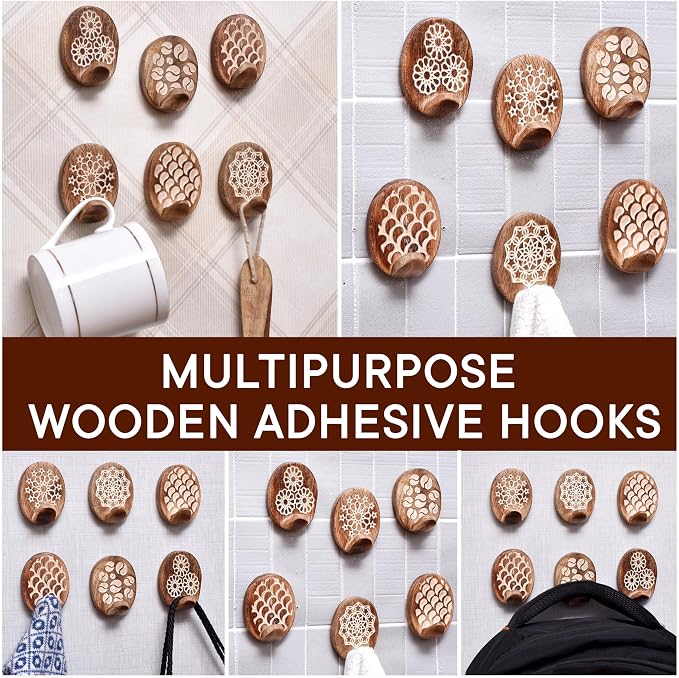 Indian Shelf 6 Lb Decorative Wood Adhesive Wall Hooks–Boho Peel and Stick Hooks - Image 6
