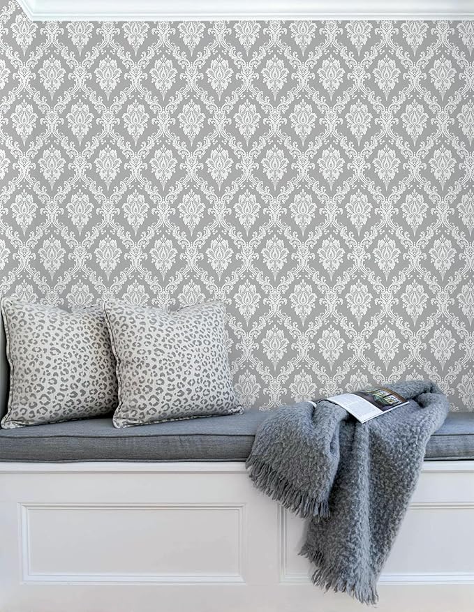Peel and Stick Wallpaper Grey and White Damask Wallpaper - Image 2