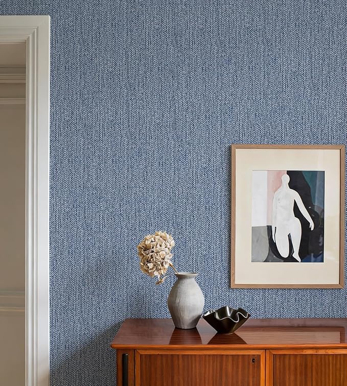 Grasscloth Peel and Stick Wallpaper Blue Contact Paper 15.7inch x 118.1inch - Image 2