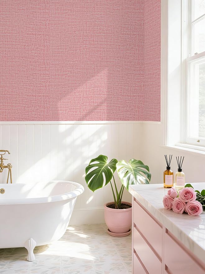 Guvana Grasscloth Peel and Stick Wallpaper Pink Textured Contact Paper Modern - Image 5