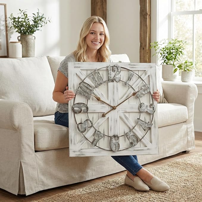 EMAX HOME Large Farmhouse Wall Clock – 24 Inch White Square Rustic Wooden Clock by EMAXHOME