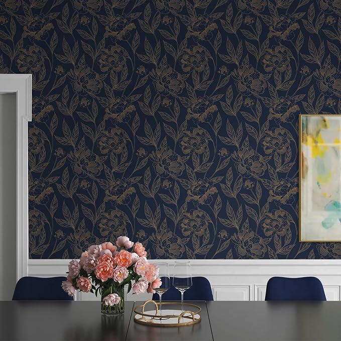 Timeet Peel and Stick Wallpaper Gold and Blue Floral Wall Paper - Image 4